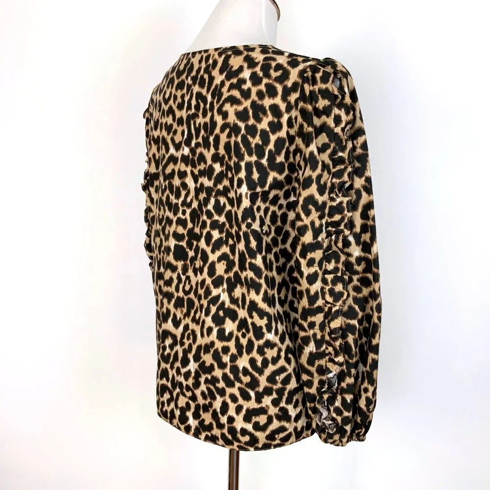 J. Crew Cotton Leopard Print Long Ruffle Trim Sleeves Blouse Sz S